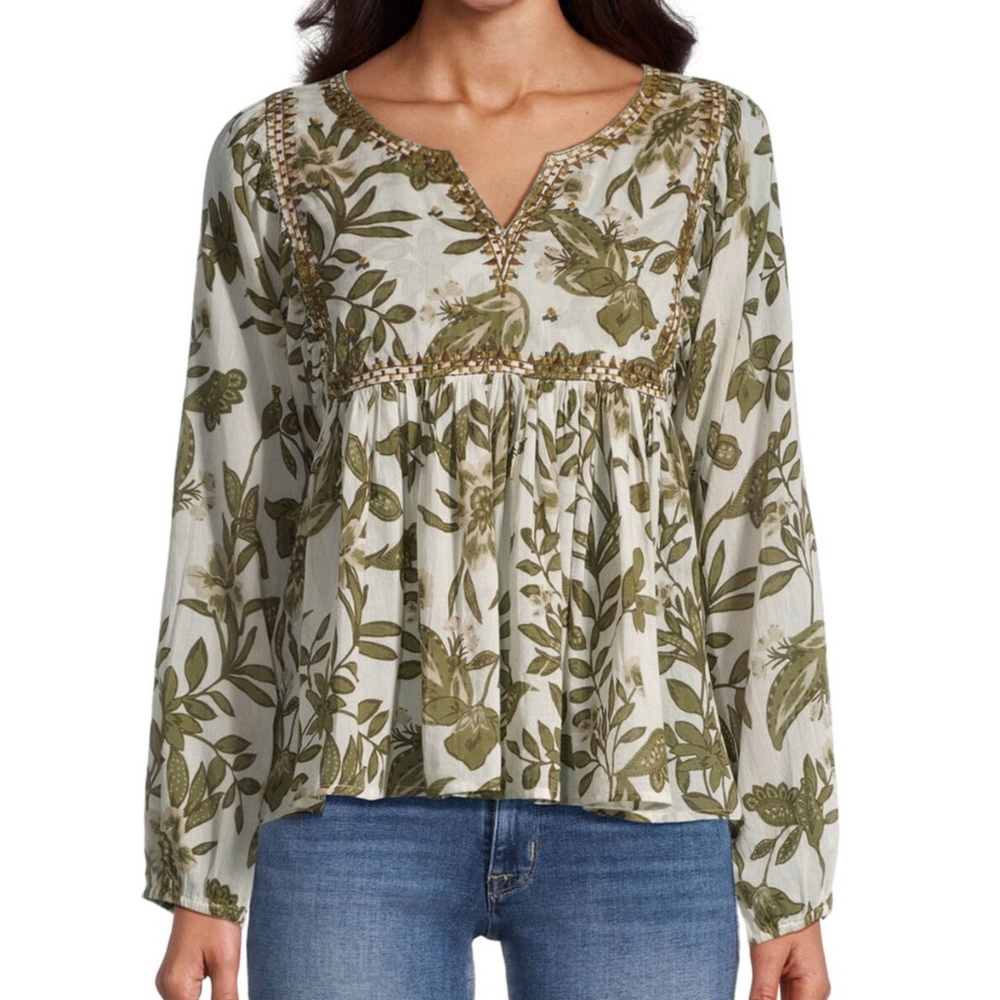 NWT World Market Stella Floral Print Pattern Embroidered Boho Peasant Top